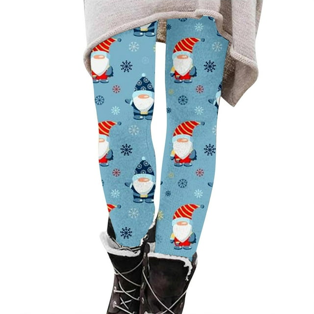 Blue Women's Christmas Legging, Polyester Women High Cut Thermal Fall
