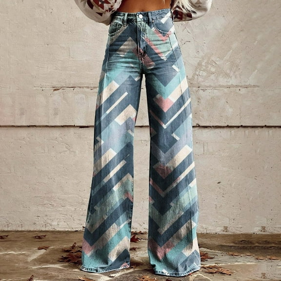 Blue Women's Jeans, Wide Leg Pants Woman High Waist Floral Patterned Pants Lightweight Loose Fit Casual Colorful Trouser Imitation Jeans,Women's Jeans 3XL