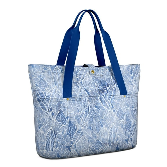 Blue Women's Large Foldable Tote Bag with Zipper - 20L Travel Carryall Shoulder Bag Weekender Handbag for School, Work, Gym, Shopping - Fits 15.6" Laptop, Folds Into Pouch