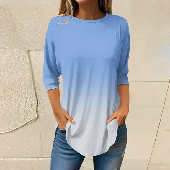 Blue Women's Long Sleeve T-shirt, 3/4 Length Sleeve Womens Tops 2025 Spring Neck Casual Print Tunic T Shirts Three Quarter Length Womens Tops,Women's Long sleeve T-shirt XL