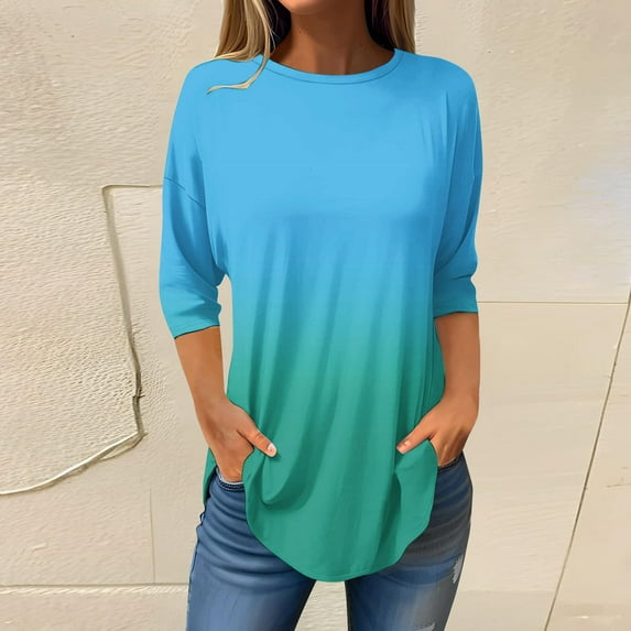 Blue Women's Long Sleeve T-shirt, 3/4 Length Sleeve Womens Tops 2025 Spring Neck Casual Print Tunic T Shirts Three Quarter Length Womens Tops,Women's Long sleeve T-shirt XXL
