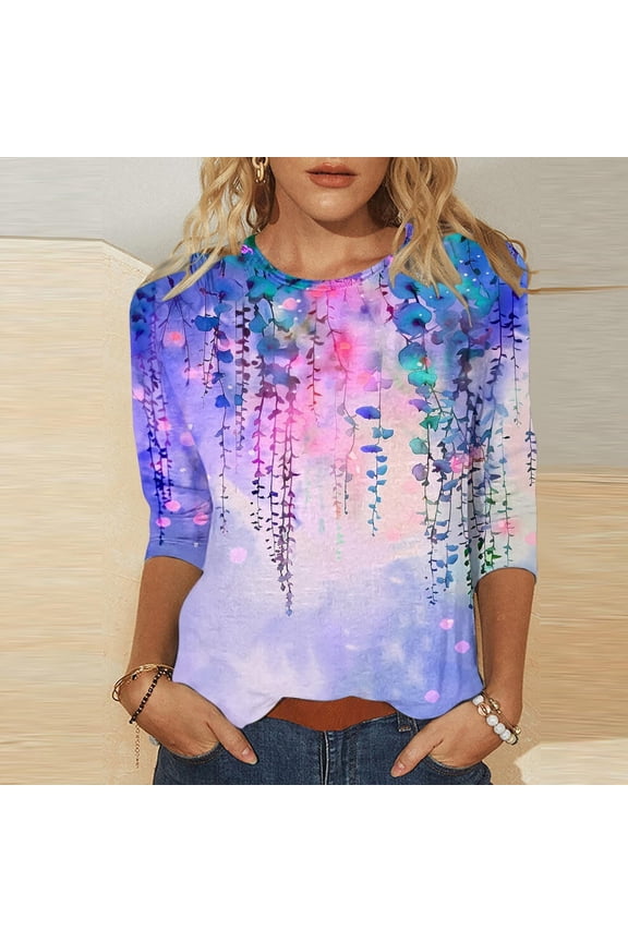 Blue Women's Long Sleeve T-shirt, 3/4 Length Sleeve Womens Tops Casual Round Neck Cute Tops Fashion Loose Fit T Shirts Ladies Tops And Blouses,Women's Long sleeve T-shirt XL