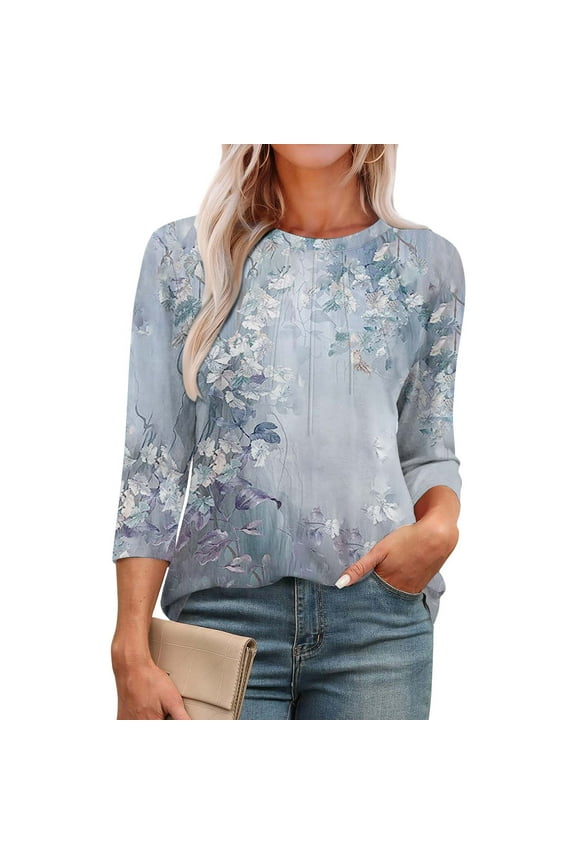 Blue Women's Long Sleeve T-shirt, 3/4 Length Sleeve Womens Tops Round Neck Casual Tunic Tops Basic Pleated Shirts Loose Fit 2025,Women's Long sleeve T-shirt XXL