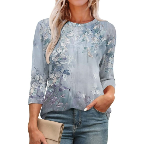 Blue Women's Long Sleeve T-shirt, 3/4 Length Sleeve Womens Tops Round Neck Casual Tunic Tops Basic Pleated Shirts Loose Fit 2025,Women's Long sleeve T-shirt XXL