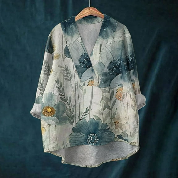 Blue Women's Long Sleeve T-shirt, Cotton Linen Shirts For Women 2024 V Neck Long Sleeve Tops Summer Trendy Blouses Casual Loose Tunic Tops,Women's Long sleeve T-shirt XL