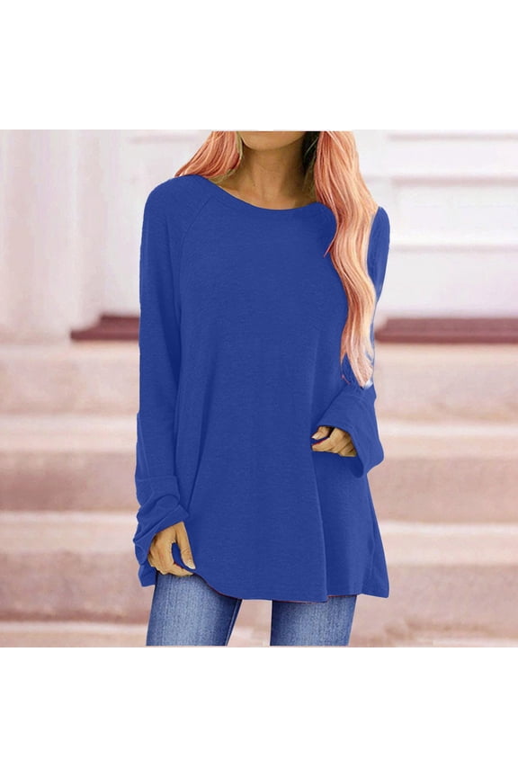 Blue Women's Long Sleeve T-shirt, Long Shirt Women'S Long Sleeve Oversize Basic Long Sleeve Pullover Tunic Crew Neck V Neck Long Sleeve Top Casual Plain Tops Spring Summer Cotton Blouses Long Sleeve,W