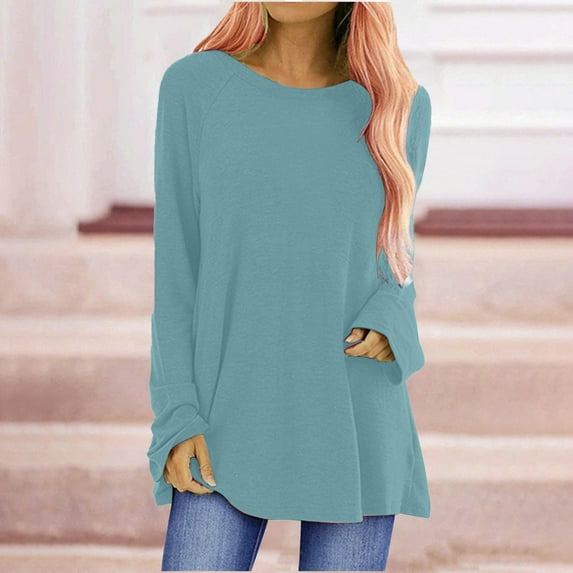 Blue Women's Long Sleeve T-shirt, Long Shirt Women'S Long Sleeve Oversize Basic Long Sleeve Pullover Tunic Crew Neck V Neck Long Sleeve Top Casual Plain Tops Spring Summer Cotton Blouses Long Sleeve,W