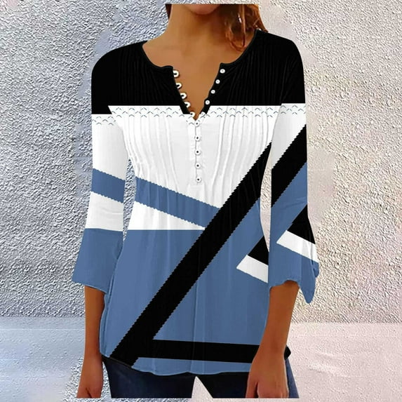 Blue Women's Long Sleeve T-shirt, Summer Tops For Women 2025 Trendy Boho Floral Print Tunic Shirts 7 Sleeve V Neck Tshirt Casual Loose Blouse,Women's Long sleeve T-shirt 3XL