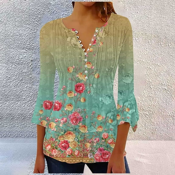 Blue Women's Long Sleeve T-shirt, Summer Tops For Women 2025 Trendy Boho Floral Print Tunic Shirts 7 Sleeve V Neck Tshirt Casual Loose Blouse,Women's Long sleeve T-shirt M