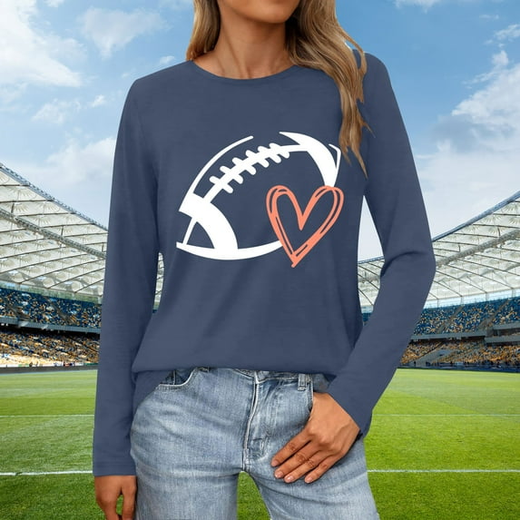 Blue Women's Long Sleeve T-shirt, Sweatshirt Women Cute Football Graphic Pullover Shirt Football Season Long Sleeve Tops,Women's Long sleeve T-shirt L