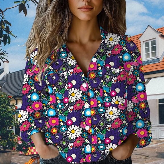 Blue Women's Long Sleeve T-shirt, Women Cotton Shirt Printed Fashion Button Down Shirts Casual Tops Long Sleeve Blouse,Women's Long sleeve T-shirt XXL