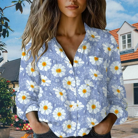 Blue Women's Long Sleeve T-shirt, Women Cotton Shirt Printed Fashion Button Down Shirts Casual Tops Long Sleeve Blouse,Women's Long sleeve T-shirt XXL