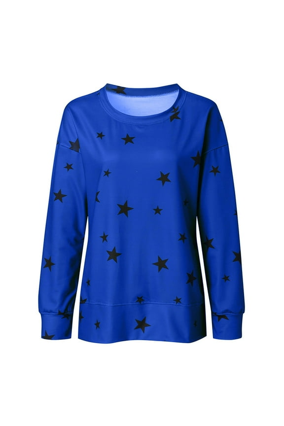 Blue Women's Long Sleeve T-shirt, Women Fashion O-Neck Star Print Patchwork Long Sleeves Tops Blouse Sweatshirt,Women's Long sleeve T-shirt XXL
