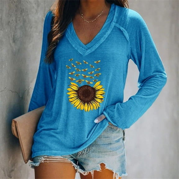 Blue Women's Long Sleeve T-shirt, Women'S Blend T Shirt Printed Long Sleeve V Neck Top,Women's Long sleeve T-shirt L