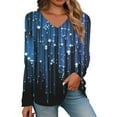 thumbnail image 1 of Blue Women's Long Sleeve T-shirt, Women'S Fashionable V Neck Long Sleeved Fine Glitter Gradient Printed V Neck Top T Shirt,Women's Long sleeve T-shirt XXL, 1 of 5