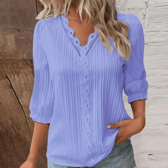 Blue Women's Long Sleeve T-shirt, Women Summer Lace V Neck Plain Lace Elegant Shirt Fashion Solid Color Elegant Blouse 3/4 Length Sleeve Plus Size Scrub Tops,Women's Long sleeve T-shirt XXL