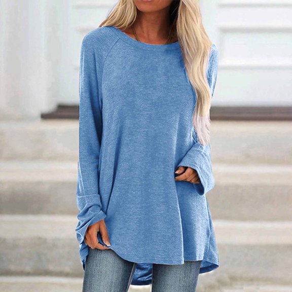 Blue Women's Long Sleeve T-shirt, Womens Solid Color Casual Crew Neck Raglan Dandelion Printing Long Sleeve Tshirts Blouse Top,Women's Long sleeve T-shirt XL