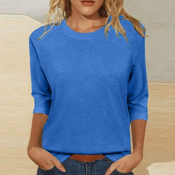 Blue Women's Long Sleeve T-shirt, Womens Tops Casual 3/4 Sleeve Crew Neck Shirts Loose Fit Tunic Blouses Summer Tees,Women's Long sleeve T-shirt S