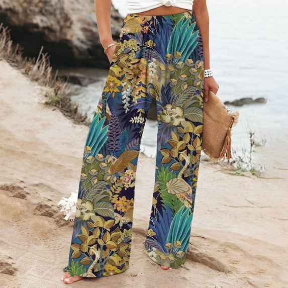 Blue Women's Plus Size Pants, Women'S Casual And Fashionable Beach Elastic Waist Wide Leg Pants With Colorful Floral Print Pockets,Women's Plus Size Pants 3XL