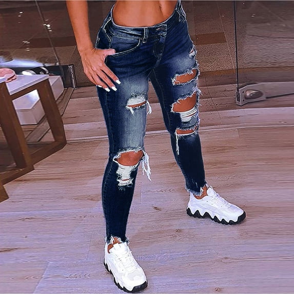 Women's Plus Size Pants Women Solid Color Hole Low Waist Jeans Flares Ankle Fashion Pants Trouser,Blue Women's Plus Size Pants L