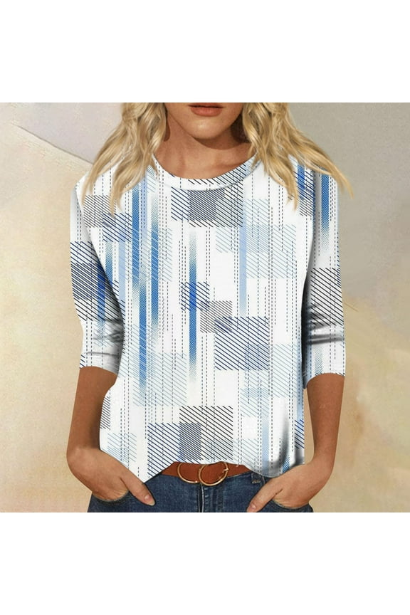 Blue Women's Short Sleeve T-shirt, 3/4 Length Sleeve Womens Tops Summer 2024 T Shirts Floral Print Crew Neck Casual Basic Tee Fit Tunic Tops Blouse,Women's Short sleeve T-shirt XL