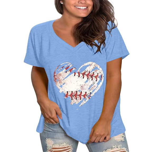 Blue Women's Short Sleeve T-shirt, Plus Size V Neck T Shirts Women s Casual Summer Tshirts Loose Fit Tee XXL