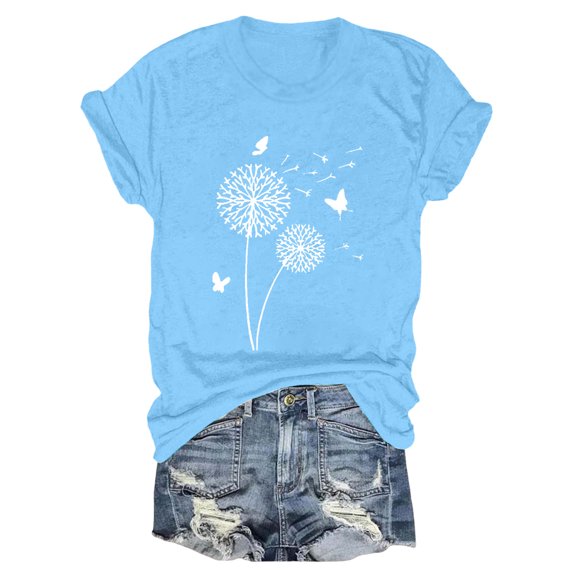 Blue Women's Short Sleeve T-shirt, Shirts Women'S Cute Round Neck Sunflower Wildflower Flower Lovers Graphic Casual Printed Tee Tops,Women's Short sleeve T-shirt S