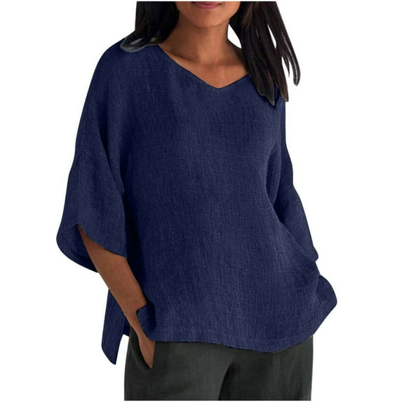 Blue Women's Short Sleeve T-shirt, Summer Women'S 7 Quarter Sleeve V Neck Solid Color Loose Top T Shirt Casual Shirt,Women's Short sleeve T-shirt S