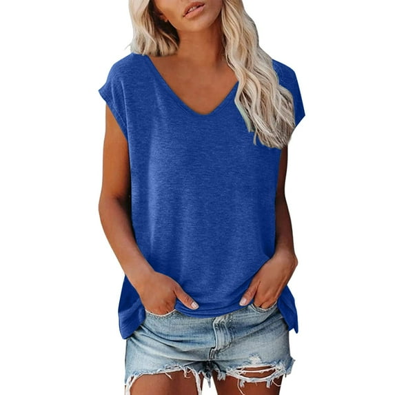 Blue Women's Short Sleeve T-shirt, Women Cap Sleeve Summer Casual Tops V Neck Solid Color Casual Shirts Loose Fit Blouse,Women's Short sleeve T-shirt S