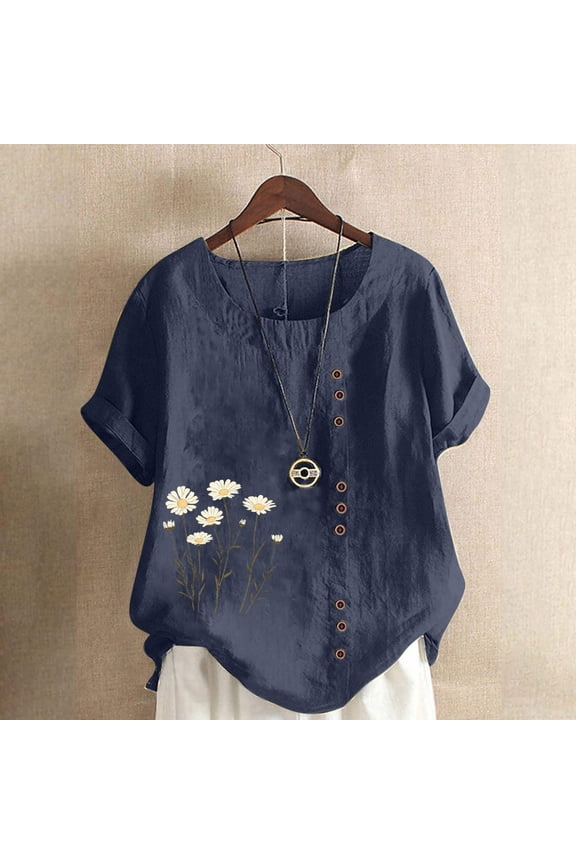 Blue Women's Short Sleeve T-shirt, Women Floral Print Linen Shirts Short Sleeve Tops Loose Fit Cotton Blouses Trendy 2025 Clothing,Women's Short sleeve T-shirt XL