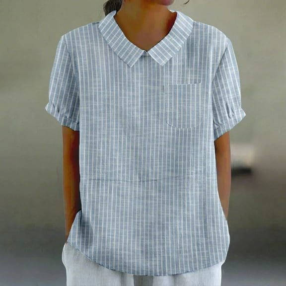 Blue Women's Short Sleeve T-shirt, Women With Pockets Breathable Cotton Linen Loose Large Size Slimming Lapel Shirt Short Sleeve Top,Women's Short sleeve T-shirt S
