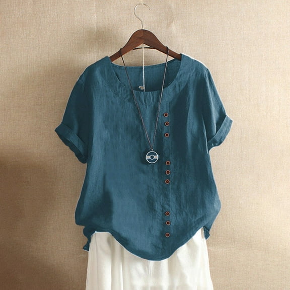 Blue Women's Short Sleeve T-shirt, Women'S Solid Color Round Neck Raglan Sleeve Hem Slit Loose Short Sleeve Button Decoration Casual Tops T Shirt,Women's Short sleeve T-shirt XXL