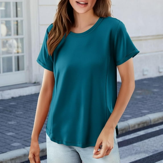 Blue Women's Short Sleeve T-shirt, Women'S Solid Color T Shirt Round Neck Short Sleeved Top Large Size Loose Elastic Pure Cotton Base Shirt,Women's Short sleeve T-shirt 7XL