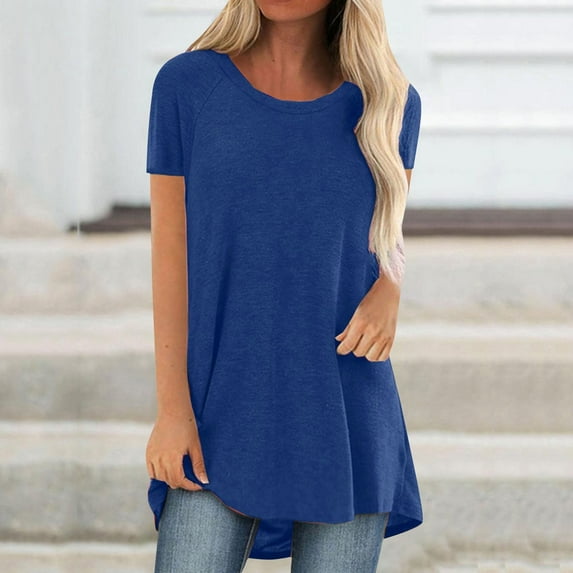Blue Women's Short Sleeve T-shirt, Women'S Spring And Summer Solid Color Rag Shoulder Long T Shirt Round Neck Loose Short Sleeved Pullover Top For Women,Women's Short sleeve T-shirt XXL