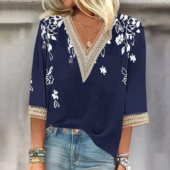 Blue Women's Short Sleeve T-shirt, Women'S V Neck Lace Edge Gradient Print Loose Seven Quarter Sleeve T Shirt,Women's Short sleeve T-shirt M