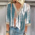 thumbnail image 1 of Blue Women's Short Sleeve T-shirt, Women'S V Neck Lace Edge Gradient Print Loose Seven Quarter Sleeve T Shirt,Women's Short sleeve T-shirt XL, 1 of 6