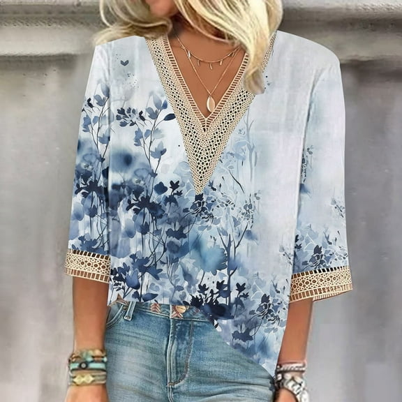 Blue Women's Short Sleeve T-shirt, Women'S V Neck Lace Edge Gradient Print Loose Seven Quarter Sleeve T Shirt,Women's Short sleeve T-shirt XXL