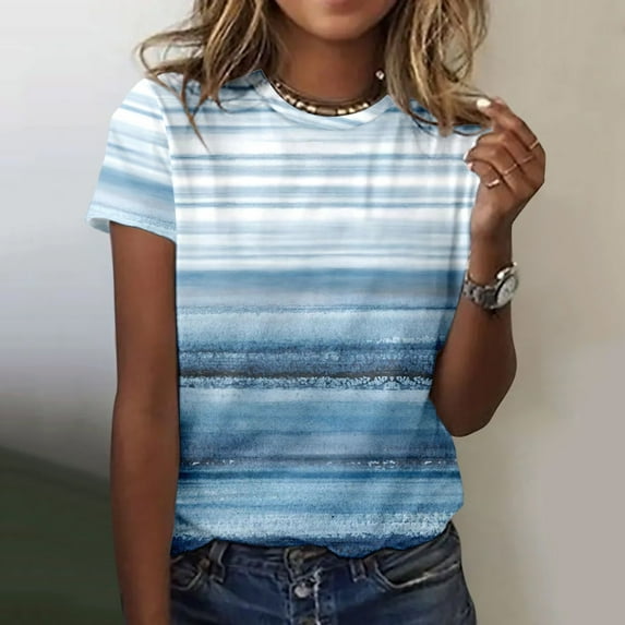 Blue Women's Short Sleeve T-shirt, Womens Spring Summer Flower Printed Short Sleeve O Neck T Shirt Top,Women's Short sleeve T-shirt M