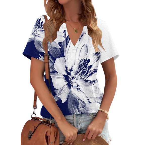 Blue Women's Short Sleeve T-shirt, Womens Tops Summer Short Sleeve V Neck Blouses Business Casual Loose Fit Tshirts Trendy Fashion Outfits,Women's Short sleeve T-shirt S