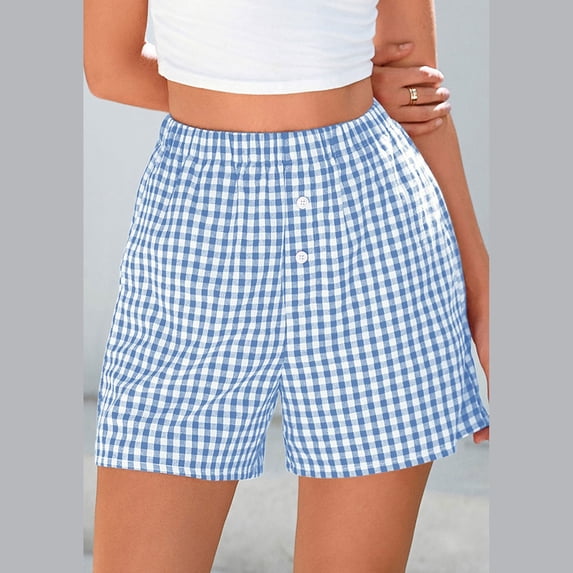 Blue Women's Shorts, Women'S Shorts Cute Soft Elastic Waist Plaid Print Front Pajama Bottoms Shorts Sleepwear,Women's Shorts S