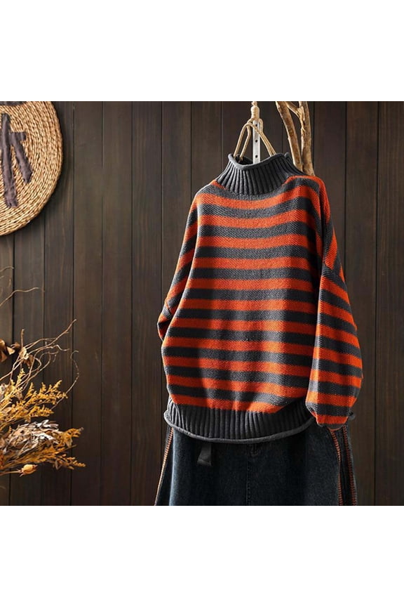 Women's Turtleneck Sweater Women's Retro Striped Contrast Half Turtleneck Sweater Loose Casual Bottoming Sweater