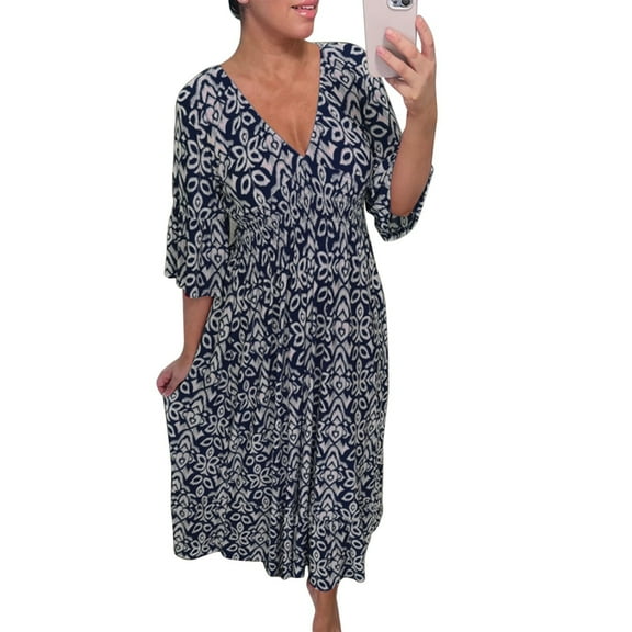 Blue Womens Beach Dress, Plus Size Casual Dresses, Weekend Polyester Ladies Dresses Summer, Women's Dress Bohemian Casual Printed V Neck Waist High Long
