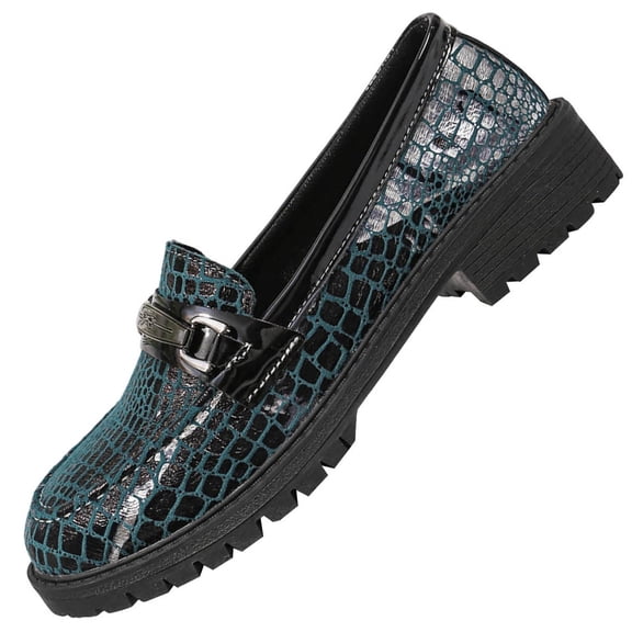 Blue Womens Block Heel Loafers Casual Shoes Slip On Platform Snake Pattern Metal Buckle Footwear For Women Indoor Outdoor 1Pc Size 37 Eu