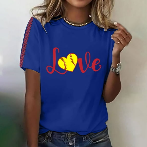 Blue Womens Tops 2025 Summer Women's Baseball Print T Shirts for Women