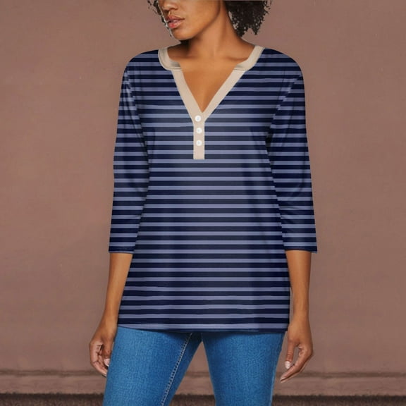 Blue Womens Blouses 2025 Womens Summer Tops Cute V Neck Shirts 3/4 Length Sleeve Blouses Dressy Loose Fit Tunics Graphic Tees Ladies Tops and Blouses