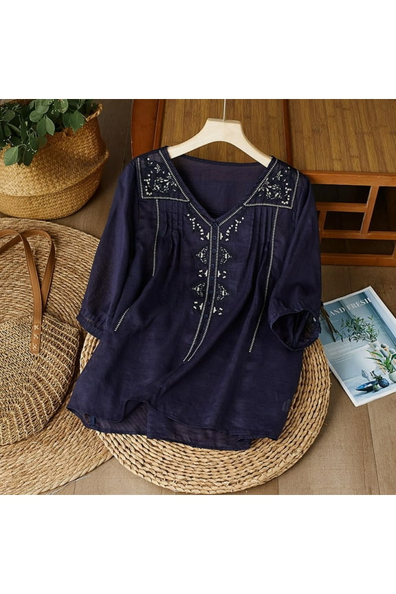 Blue Womens Blouses 3/4 Sleeve Linen Shirts for Women 2025 Cotton Summer Boho Tops Casual Trendy Vacation Blouse Ladies Tops and Blouses