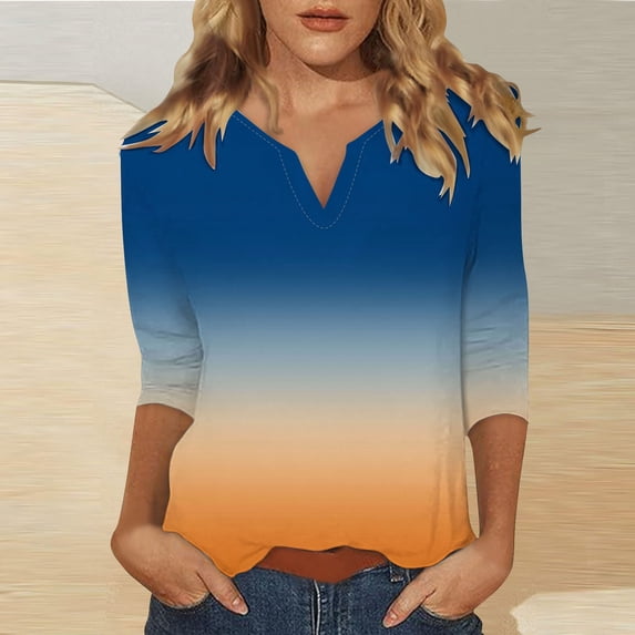Blue Womens Blouses 3/4 Sleeve Tops for Women Summer Notched V Neck Plain T Shirts Casual Cute Three Quarter Length Blouses Ladies Tops and Blouses