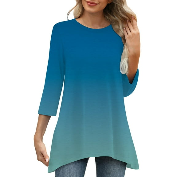 Blue Womens Blouses Casual Loose Round Neck Mid Length Sleeve Ladies Top Asymmetrical Summer Tops for Women