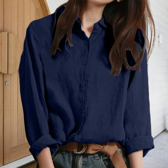 Blue Womens Blouses Cotton Linen Loose Breathable Shirt Linen Loose Fit Plain Work Blouse Tops Beach Casual Down Shirts Ladies Tops and Blouses