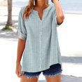 thumbnail image 1 of Blue Womens Blouses Cotton Linen Shirts for Women 2025 Trendy Roll Up Short Sleeve Tshirts Workout Button Size Shirt Summer Tops for Women, 1 of 6